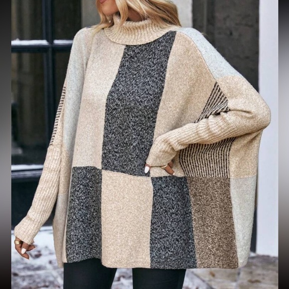 Cozy Color Block Turtleneck Batwing Sleeve Sweater Top - Picture 4 of 7